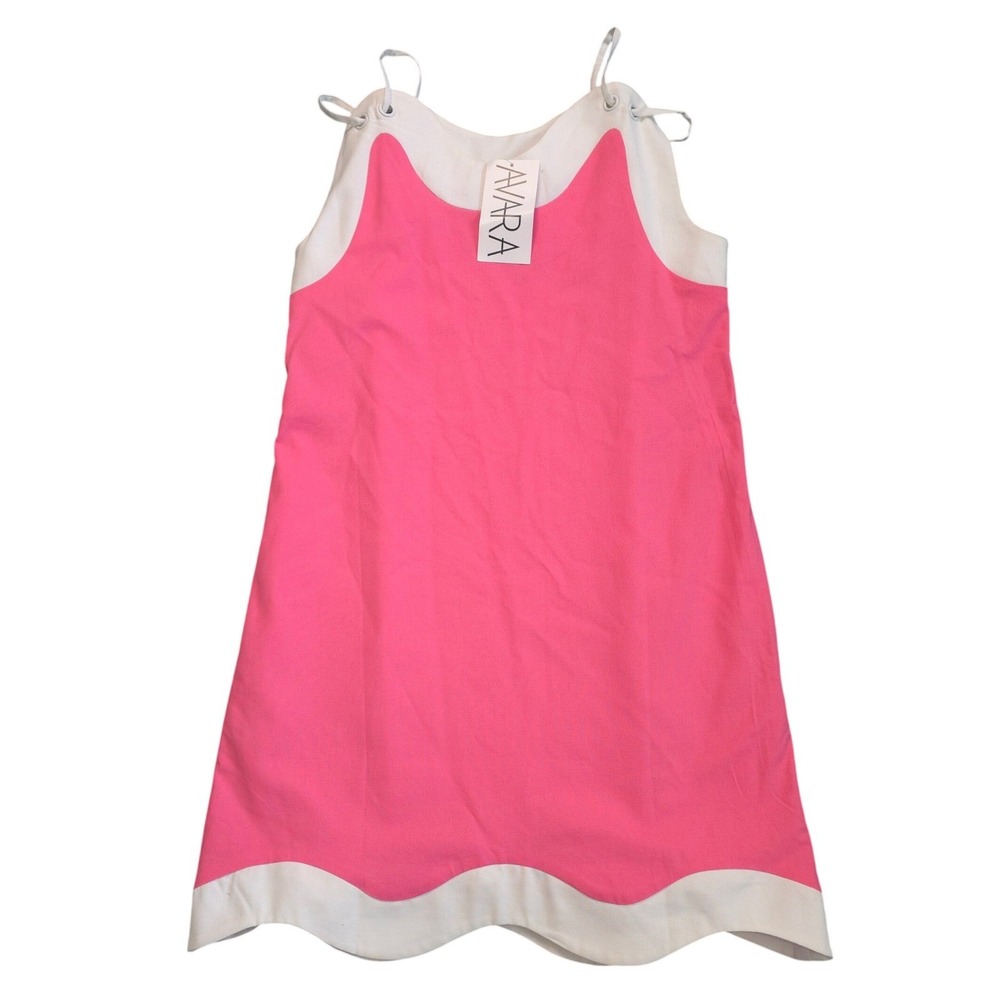 Aureum Avara Shirley Dress Pink White Scalloped Linen Cotton Blend Medium Summer